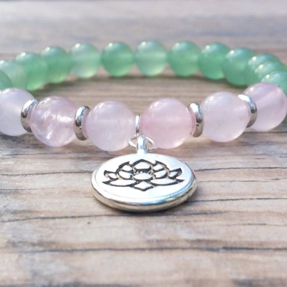 Green Aventurine bracelet with Lotus charm, Rose Quartz, Healing bracelet - Picture 3 of 9